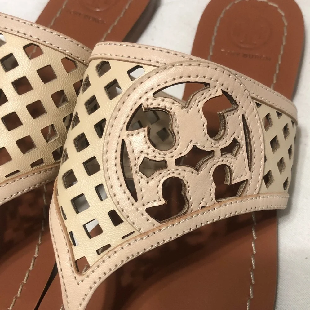Tory Burch Cream and Brown Logo Cutout Thong Sandals